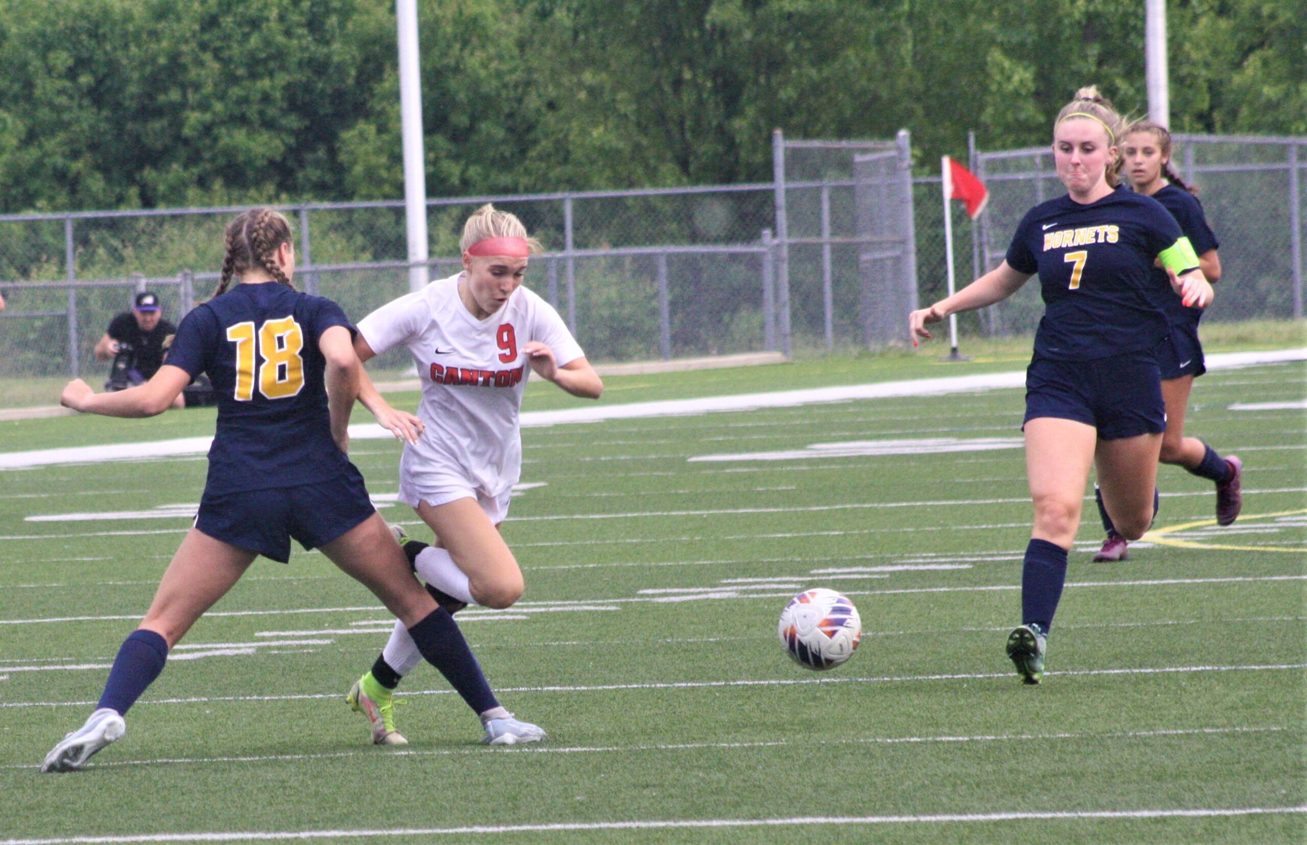 Canton forward Carly Noe appeared to be tripped on this rush but no foul was called