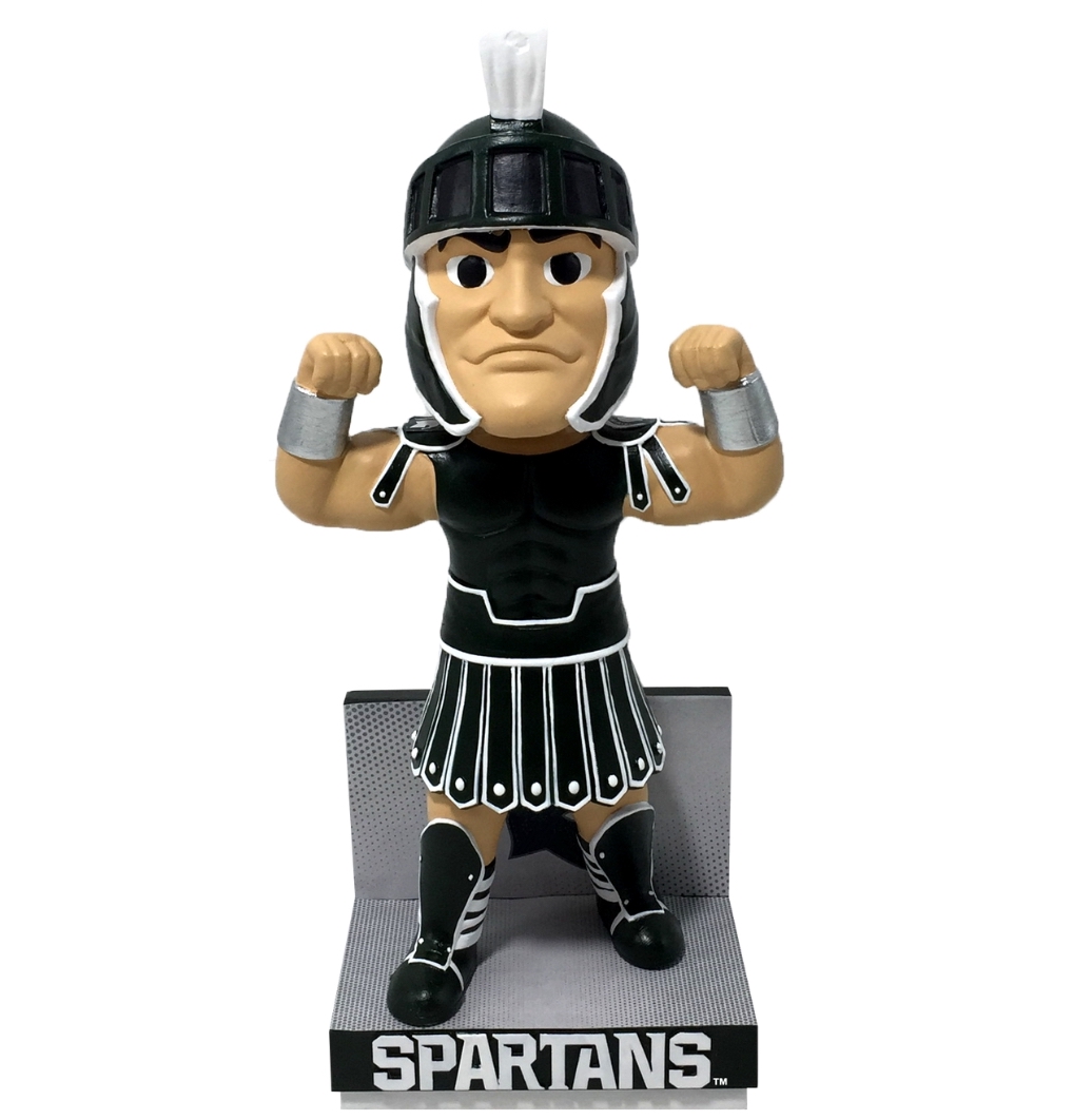 The Sparty bobblehead is flexing his muscles