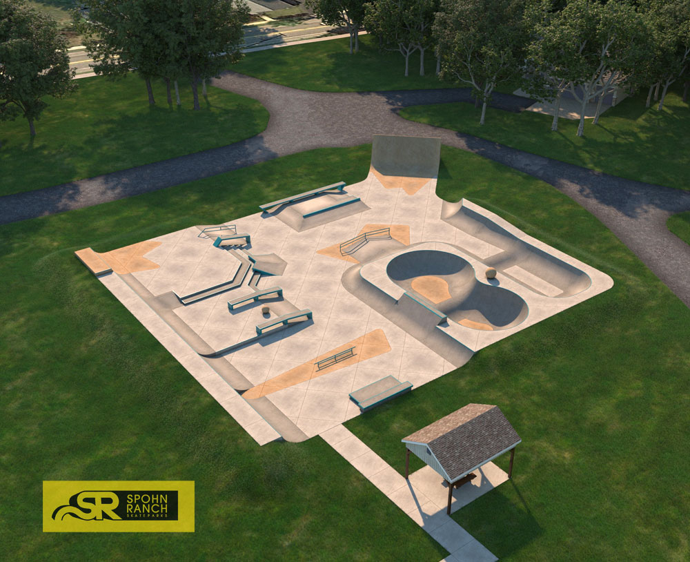 A rendering of a Spohn Ranch skatepark design