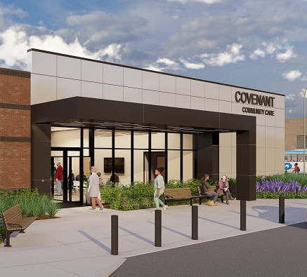 A rendering of the proposed Covenant Community Care wellness plaza Rendering courtesy of Ghafari Associates