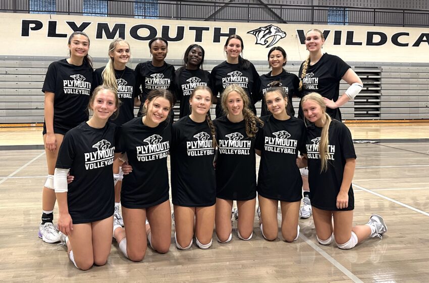 Member of the 2023 Plymouth High School volleyball team pose for a photo following Thursdays practice